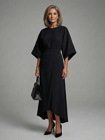 Cape Sleeve Midi Dress with Belted Waist
