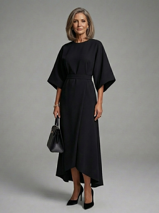 Cape Sleeve Midi Dress with Belted Waist