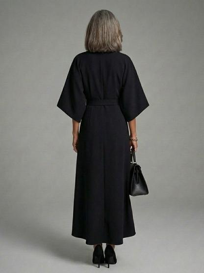 Cape Sleeve Midi Dress with Belted Waist