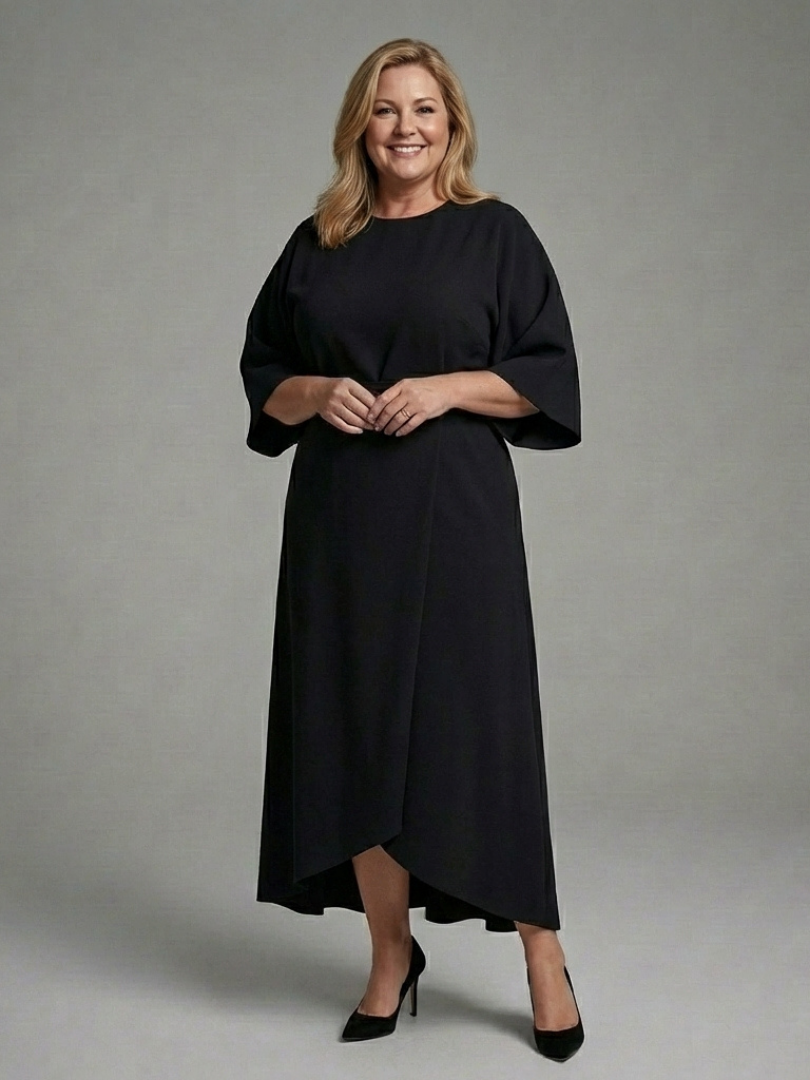 Cape Sleeve Midi Dress with Belted Waist