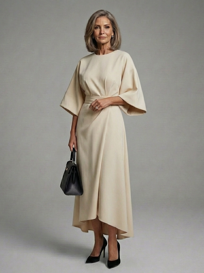Cape Sleeve Midi Dress with Belted Waist