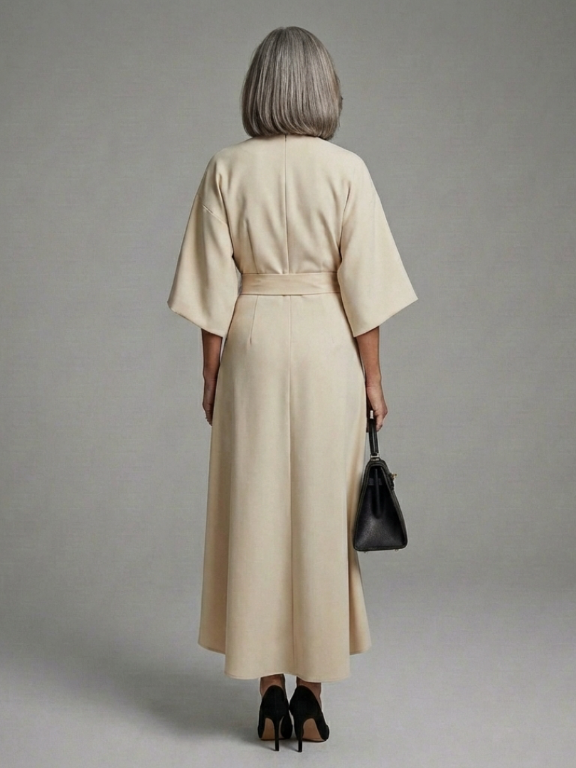 Cape Sleeve Midi Dress with Belted Waist