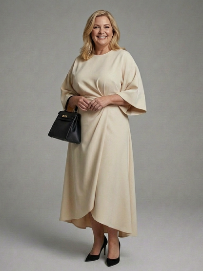 Cape Sleeve Midi Dress with Belted Waist