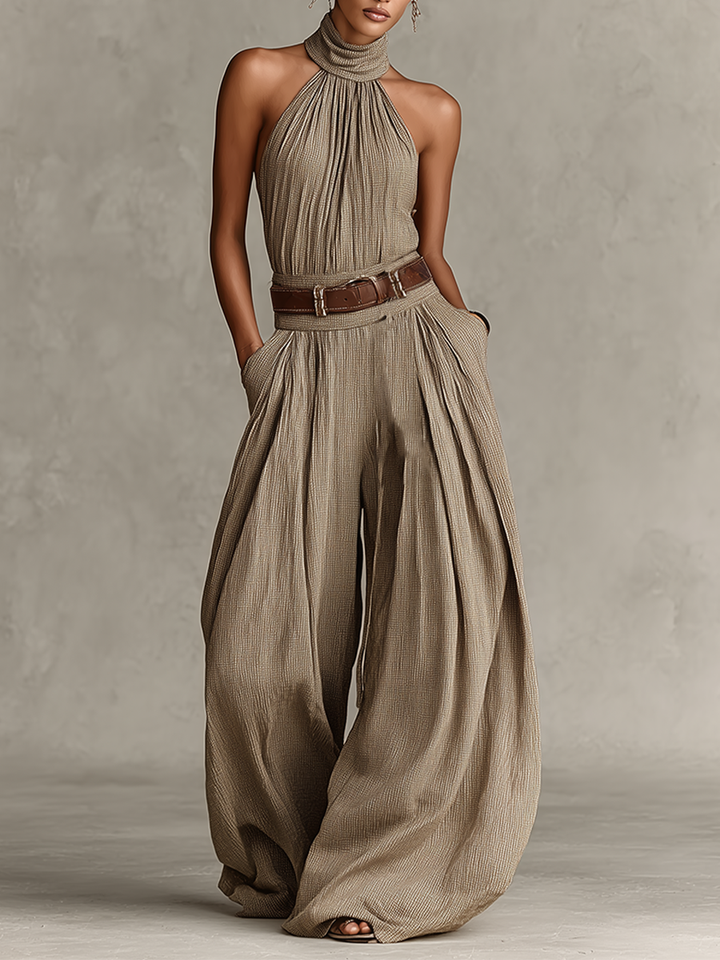 Women's Taupe Cotton-Blend Jumpsuit With Halter Neck & Wide-Leg Silhouette, Timeless Boho-Elegant Style Jumpsuit (Without Belt)