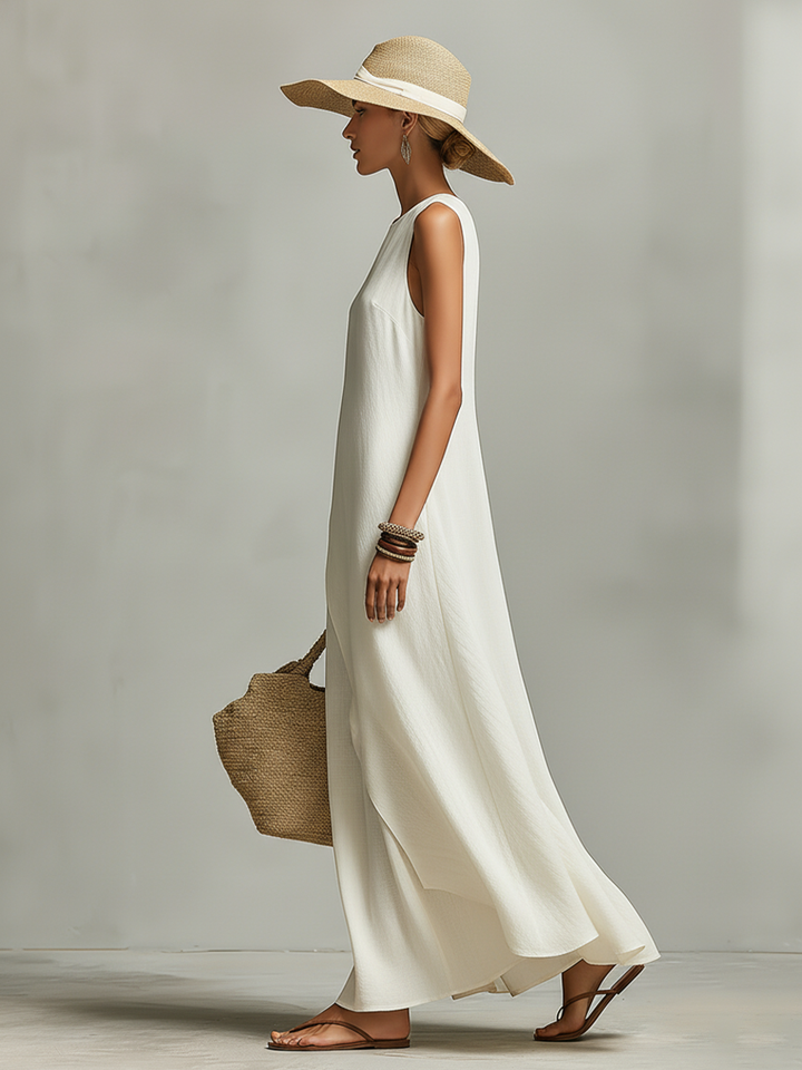 Women's Ivory Breathable Linen Dress With Sleeveless Detail & Asymmetric Hem, Contemporary Casual-Feminine Style Dress
