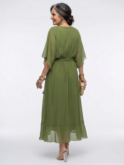 Chiffon Wrap Midi Dress with Batwing Sleeves and Tie Belt