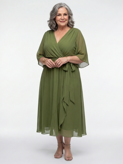 Chiffon Wrap Midi Dress with Batwing Sleeves and Tie Belt