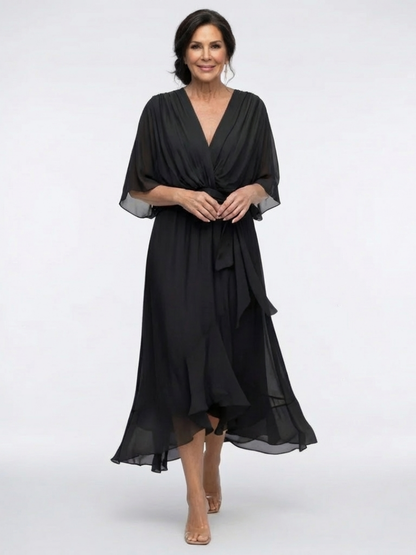 Chiffon Wrap Midi Dress with Batwing Sleeves and Tie Belt