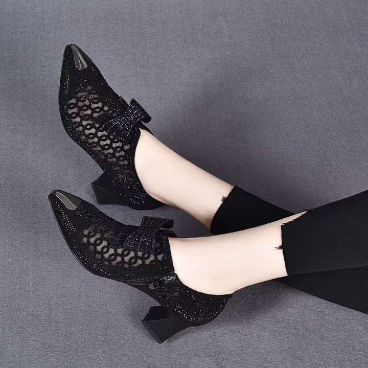 2024 Summer Casual Rhinestone Hollow Chunky Heel Shoes and New Belt Buckle Solid Color Plus Size Women's Sandals