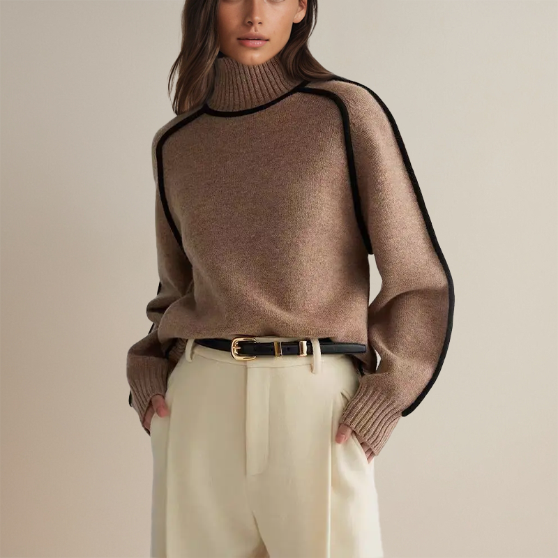 Women’s Ribbed Turtleneck Sweater with Side Stripes
