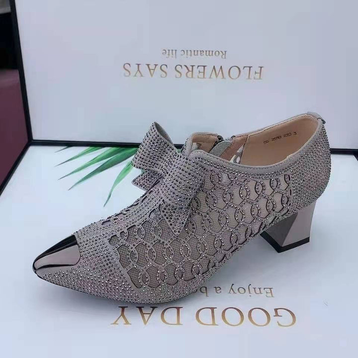 2024 Summer Casual Rhinestone Hollow Chunky Heel Shoes and New Belt Buckle Solid Color Plus Size Women's Sandals