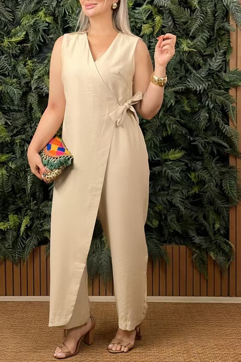 Women's casual jumpsuit with V-neck and crisscross straps
