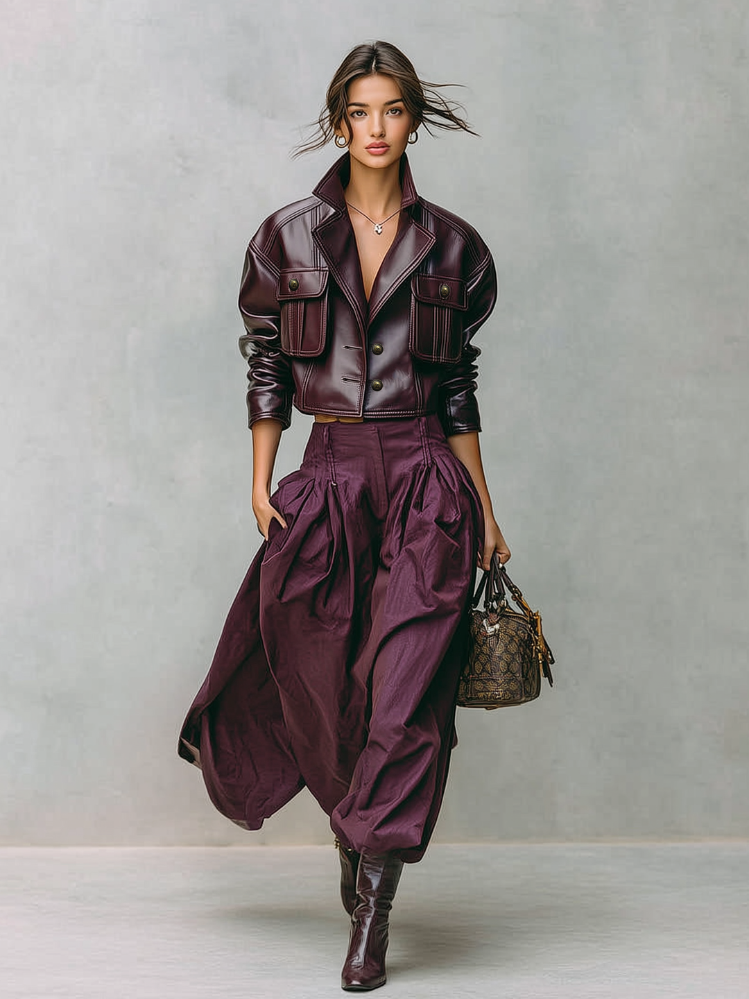 Women's Loose PU Leather Short Double Chest Pocket Jacket