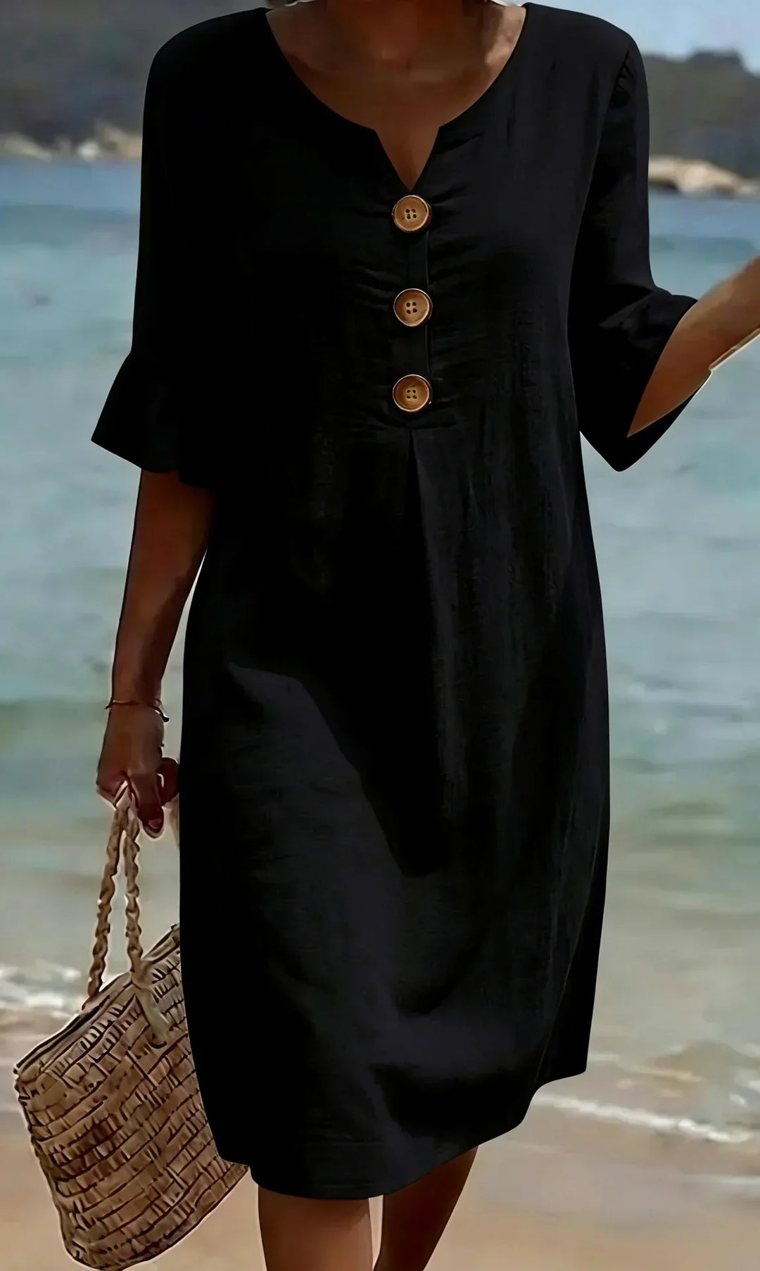 Vanesa | Linen dress with texture, puff sleeves, and buttons