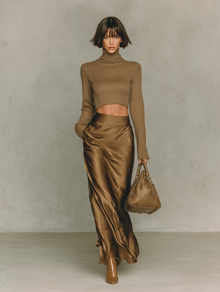 Women's Fashionable Gold-brown Turtleneck Long-sleeved Knit Top Paired With A Satin Midi Skirt