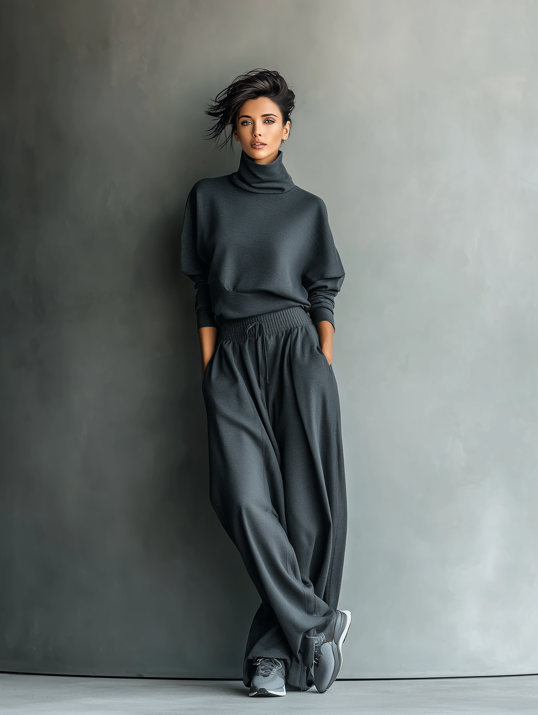 Women's Charcoal Knit Fabric Turtleneck Oversized Top & Wide-Leg Pants Set