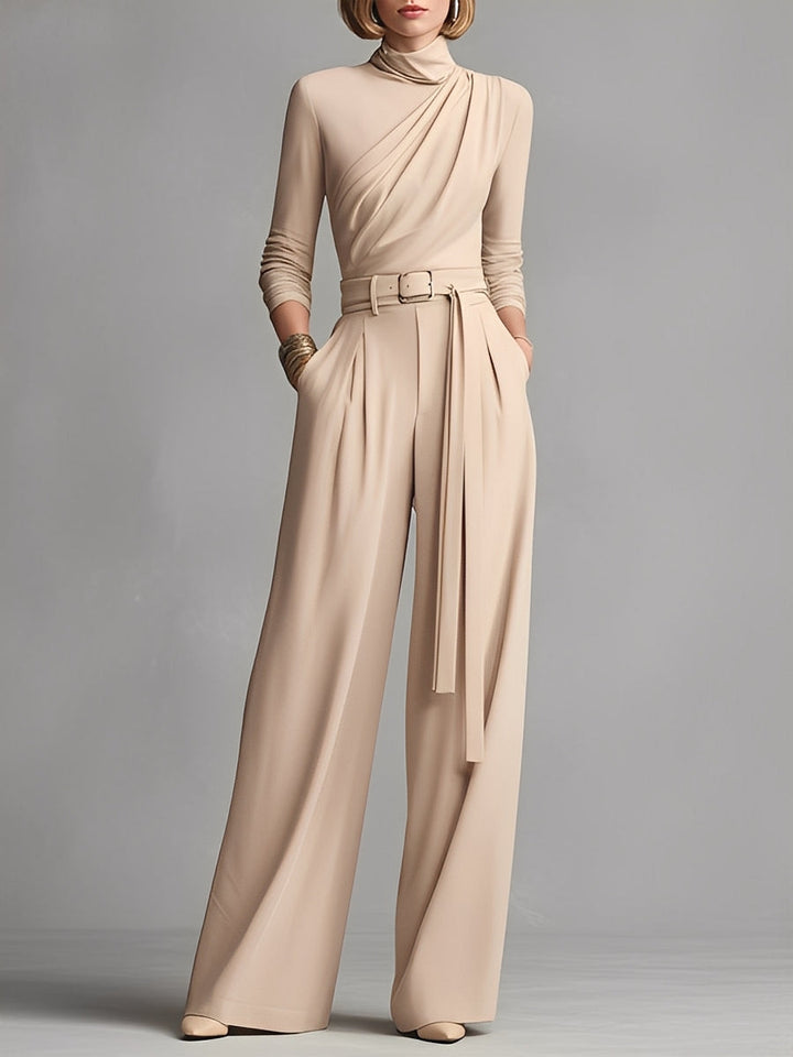 Women's Neutral-colored Cotton Blend Knit Jumpsuit With Gathered Waist
