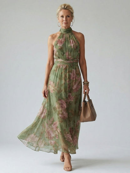 Floral Halter Maxi Dress with Gathered Neckline
