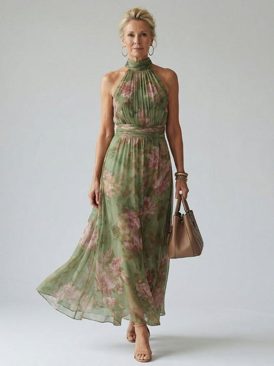 Floral Halter Maxi Dress with Gathered Neckline