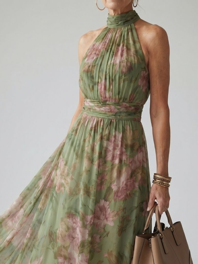 Floral Halter Maxi Dress with Gathered Neckline