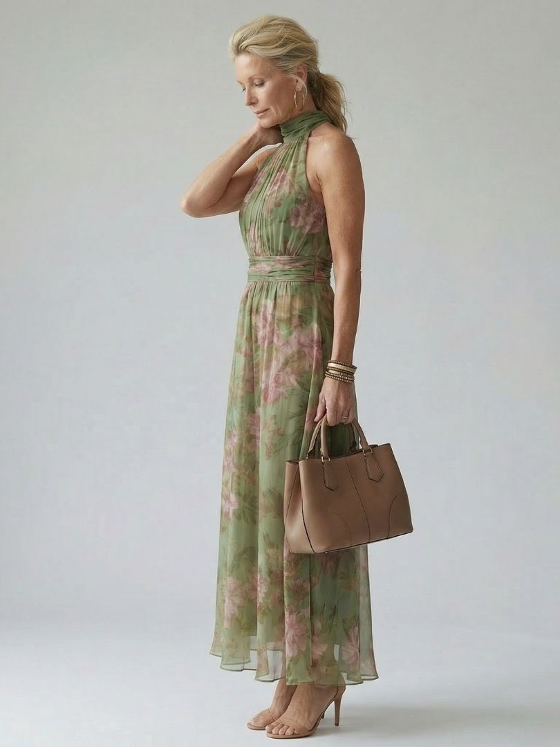 Floral Halter Maxi Dress with Gathered Neckline