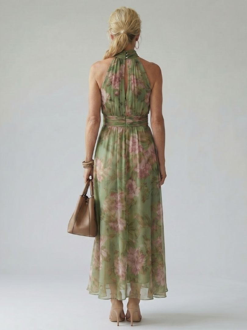 Floral Halter Maxi Dress with Gathered Neckline