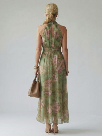 Floral Halter Maxi Dress with Gathered Neckline