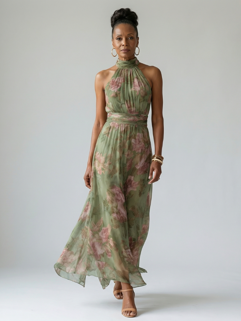 Floral Halter Maxi Dress with Gathered Neckline