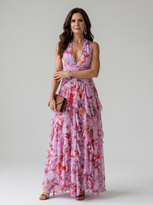 Floral Halter Maxi Dress with Ruffle Tiers