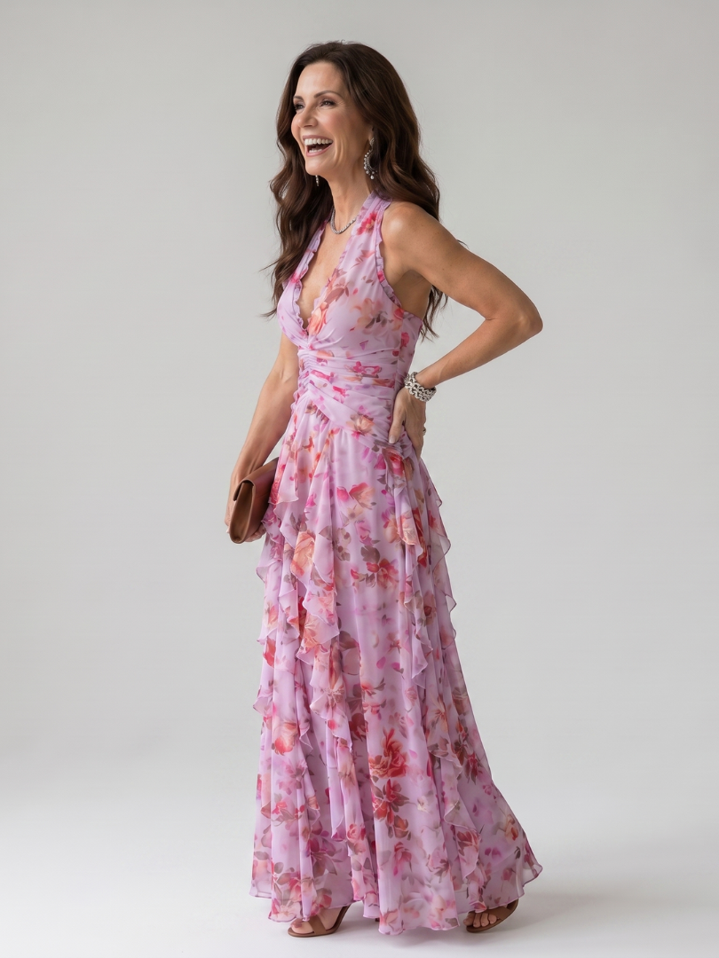 Floral Halter Maxi Dress with Ruffle Tiers