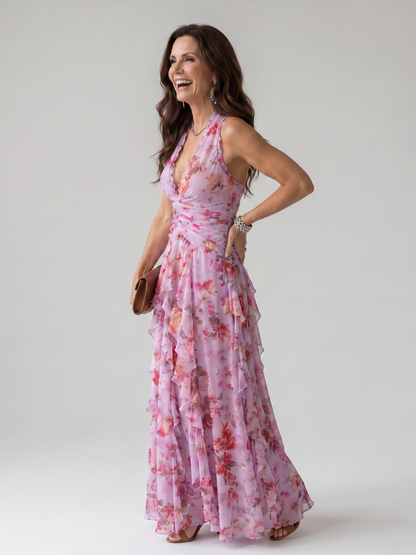 Floral Halter Maxi Dress with Ruffle Tiers