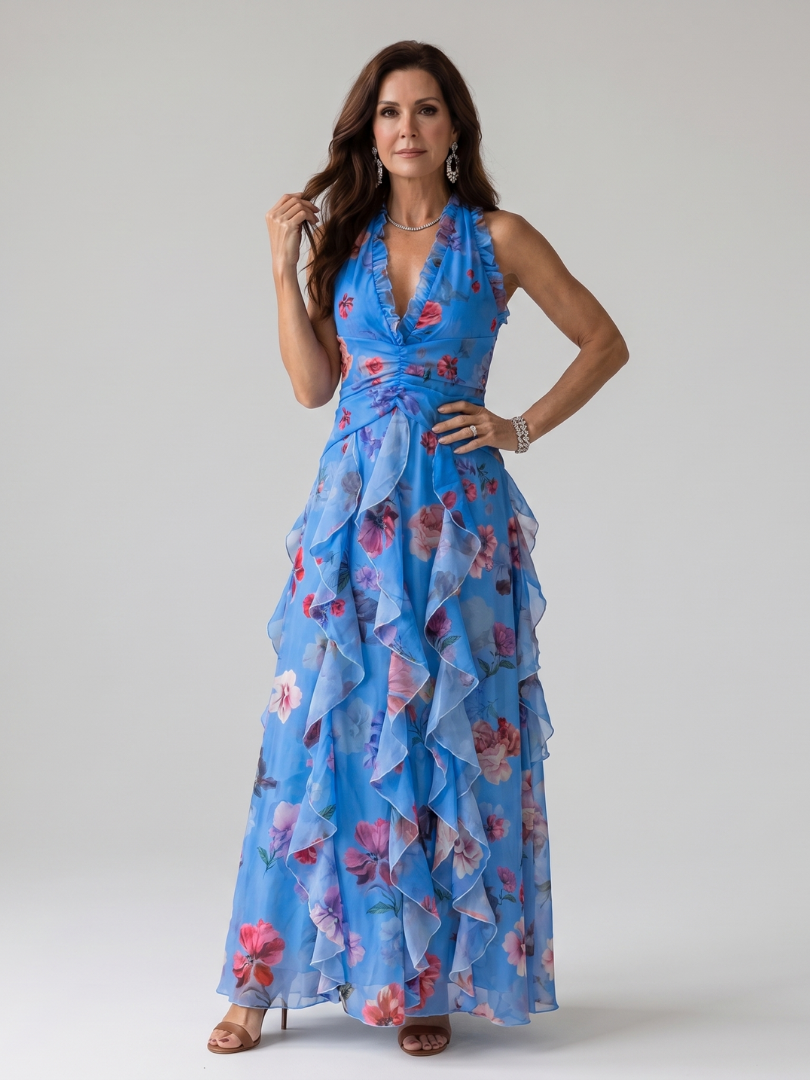 Floral Halter Maxi Dress with Ruffle Tiers