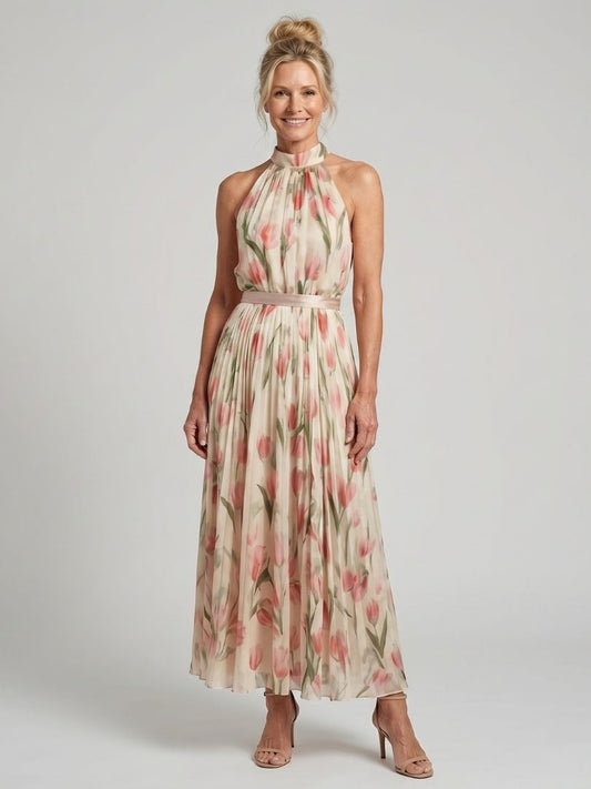 Floral Halter Midi Dress with Pleated Skirt