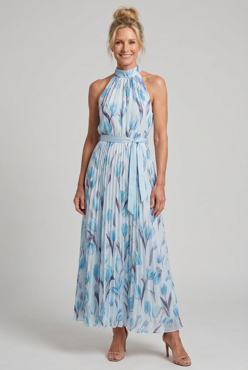 Floral Halter Midi Dress with Pleated Skirt