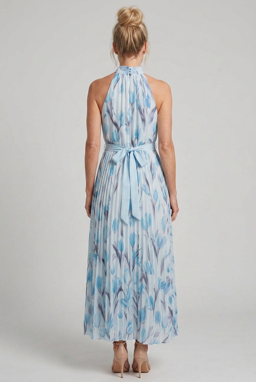 Floral Halter Midi Dress with Pleated Skirt
