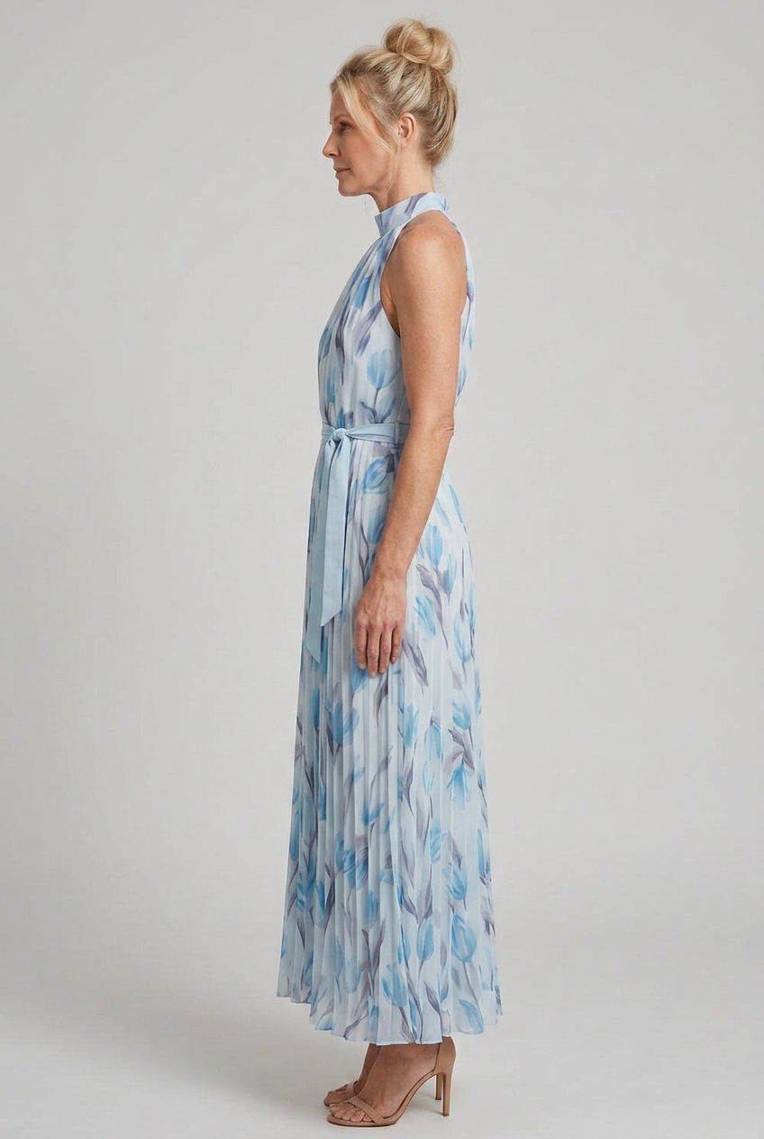 Floral Halter Midi Dress with Pleated Skirt