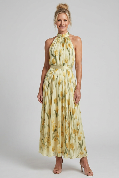 Floral Halter Midi Dress with Pleated Skirt