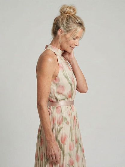 Floral Halter Midi Dress with Pleated Skirt