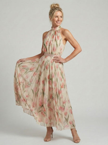 Floral Halter Midi Dress with Pleated Skirt