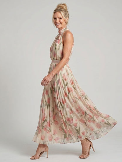 Floral Halter Midi Dress with Pleated Skirt