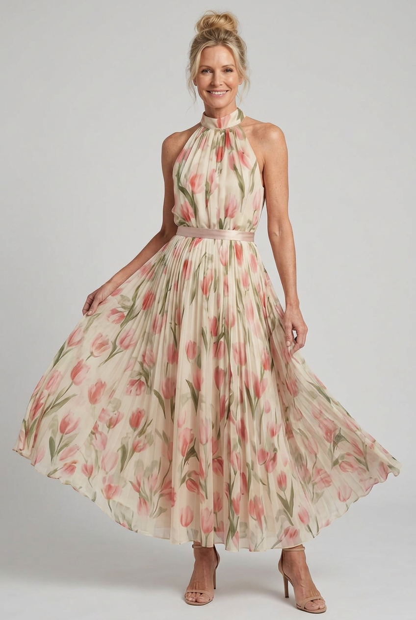 Floral Halter Midi Dress with Pleated Skirt