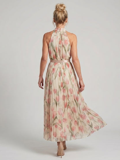 Floral Halter Midi Dress with Pleated Skirt