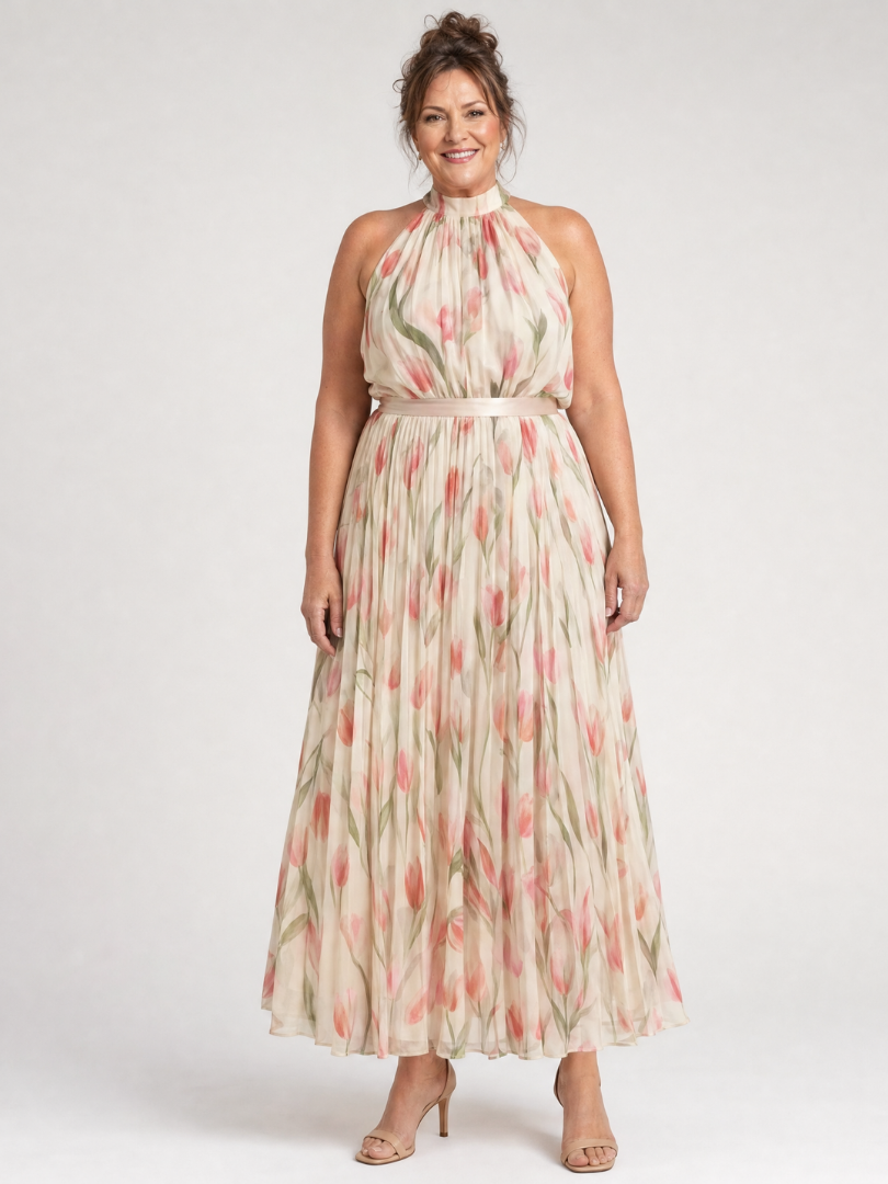 Floral Halter Midi Dress with Pleated Skirt