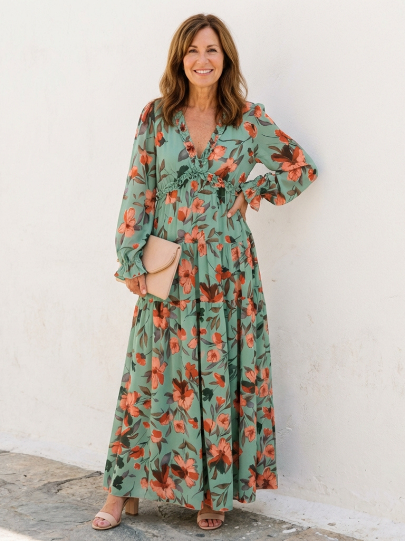 Floral Wrap Maxi Dress with Balloon Sleeves