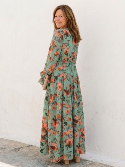Floral Wrap Maxi Dress with Balloon Sleeves