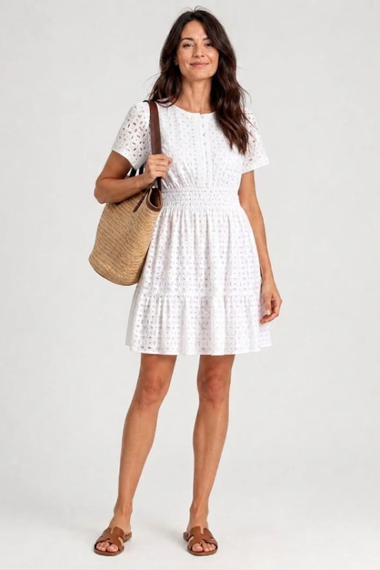 Flutter Sleeve Eyelet Mini Dress with Tiered Skirt
