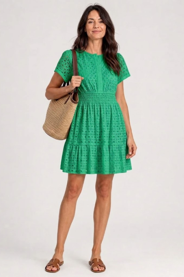 Flutter Sleeve Eyelet Mini Dress with Tiered Skirt