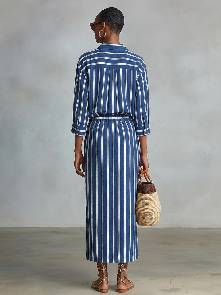 Women's Royal Blue White Stripe Cotton-Blend Co-Ord With Button Front Blouse & Elastic Waist Straight Maxi Skirt, Effortless-Chic Summer Daily Outfit