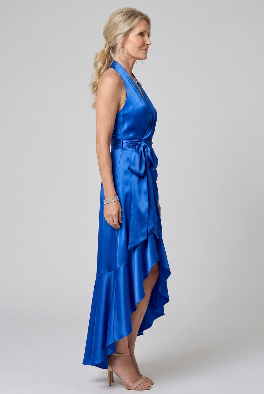 Halter Wrap Midi Dress with Asymmetric Hem