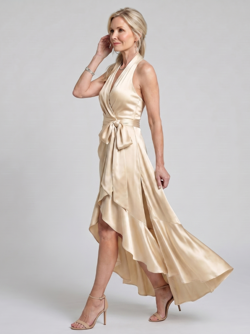 Halter Wrap Midi Dress with Asymmetric Hem